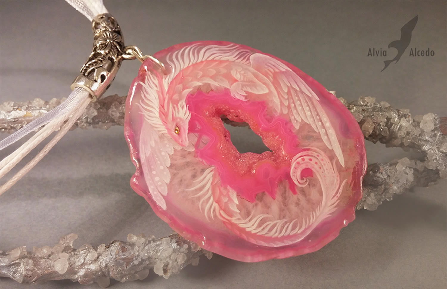 dragon on painted on pink agate stone