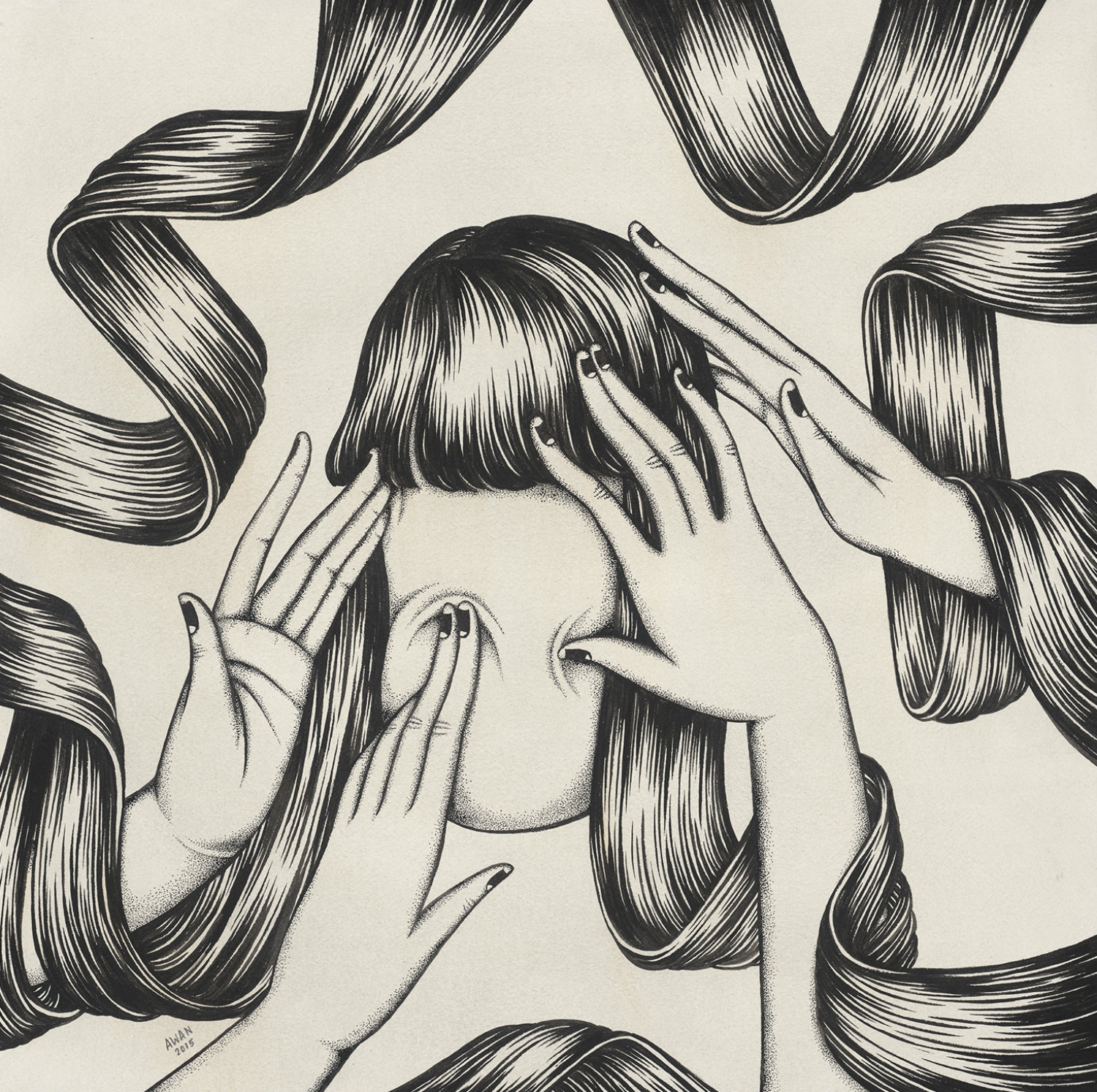 andrea wan illustration pale colours  hair portrait abstract