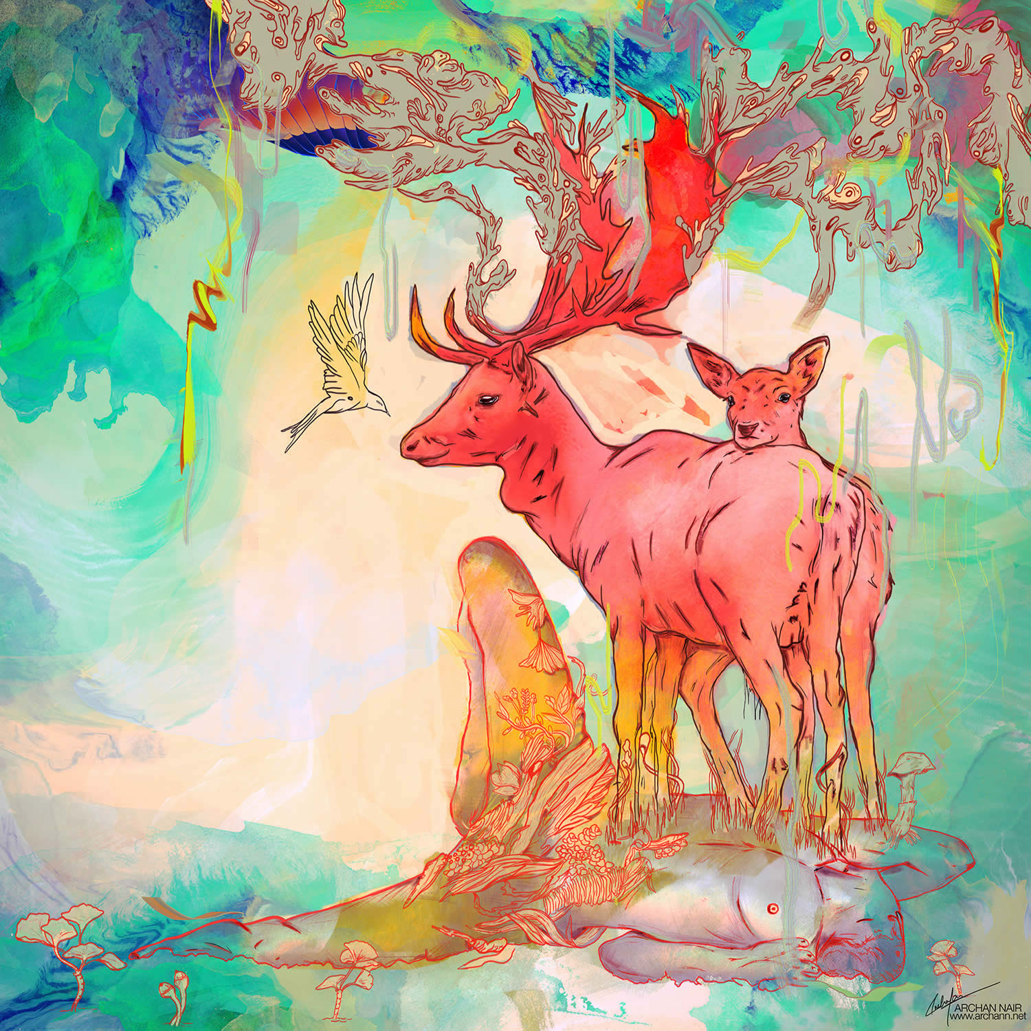 deer on top of person, surreal art by archan nair