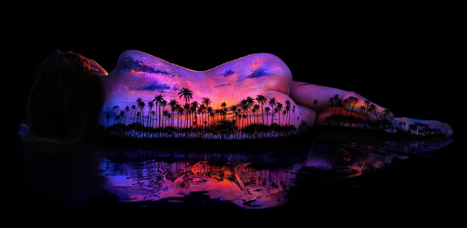 tropical scene, palm trees, california. uv body painting, black light art by john poppleton 