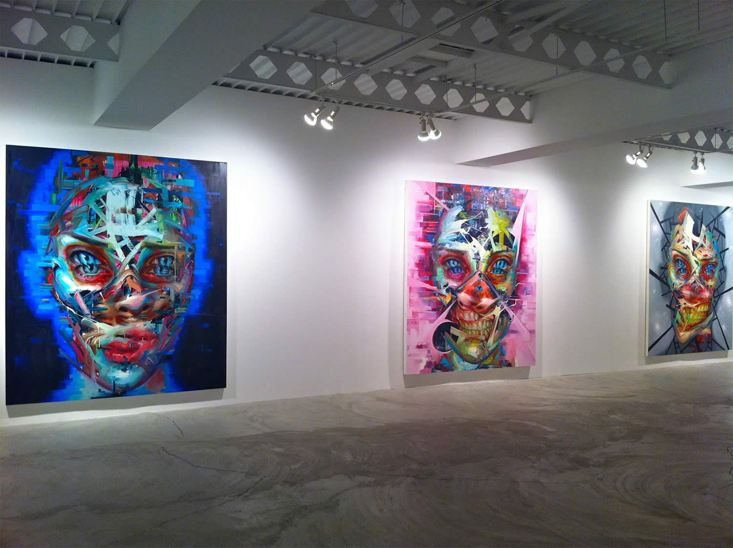 gallery shot, three painting by justin bower, Photo © Stix and Jones.