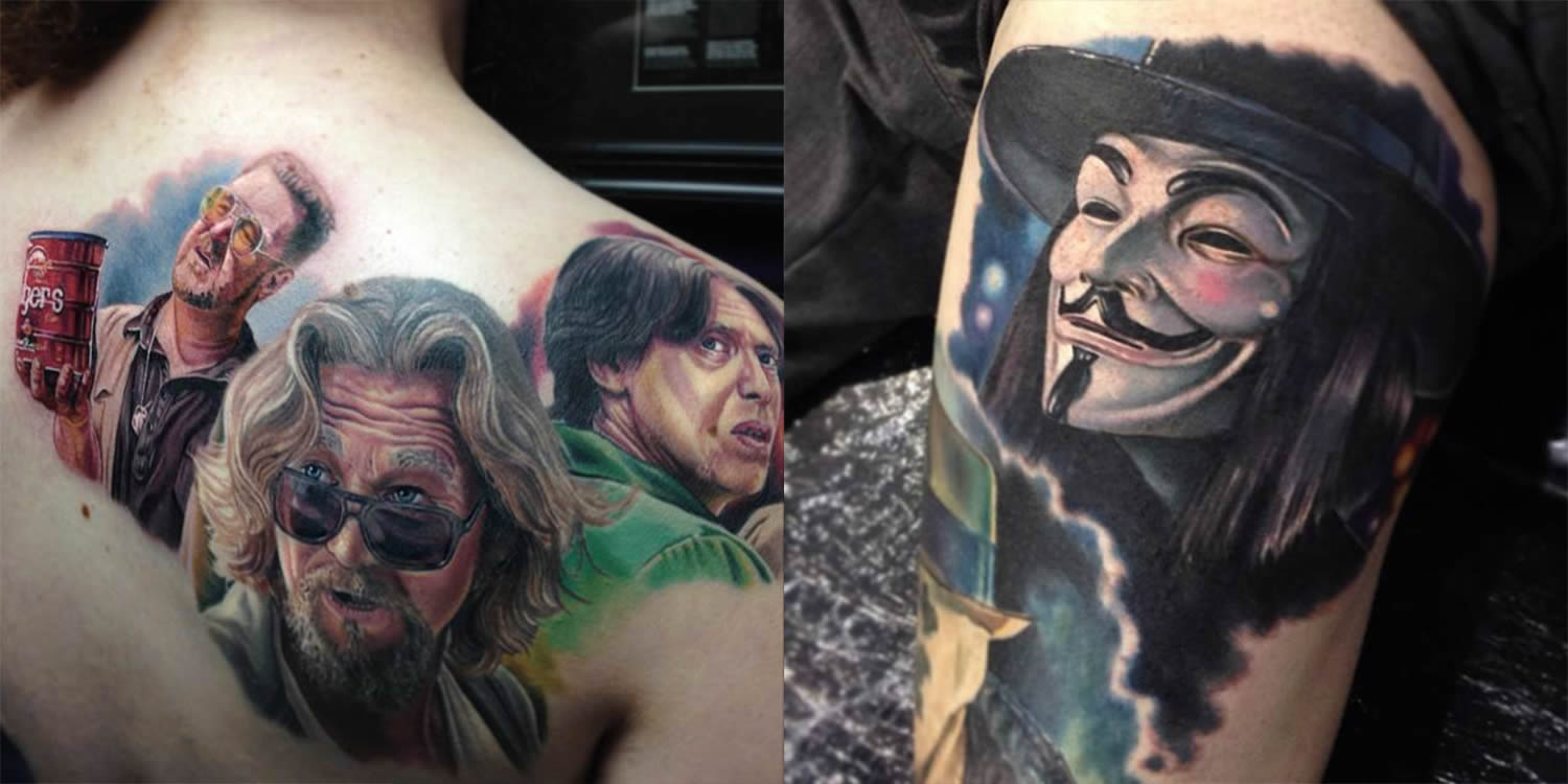 big lebowski and v for vendetta tattoos by by Paul Acker