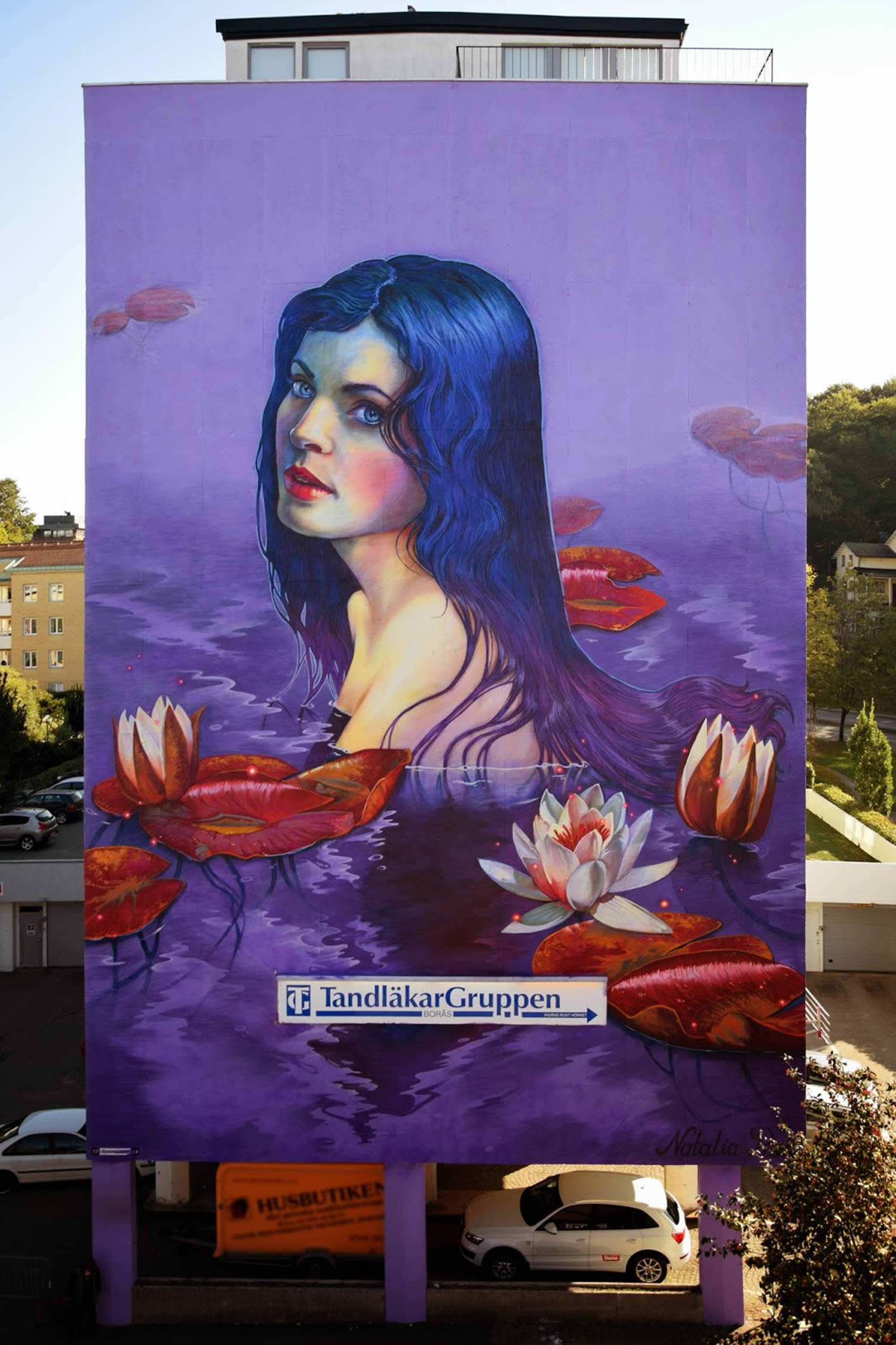 blue hair girl mural, graffiti by natalia rak