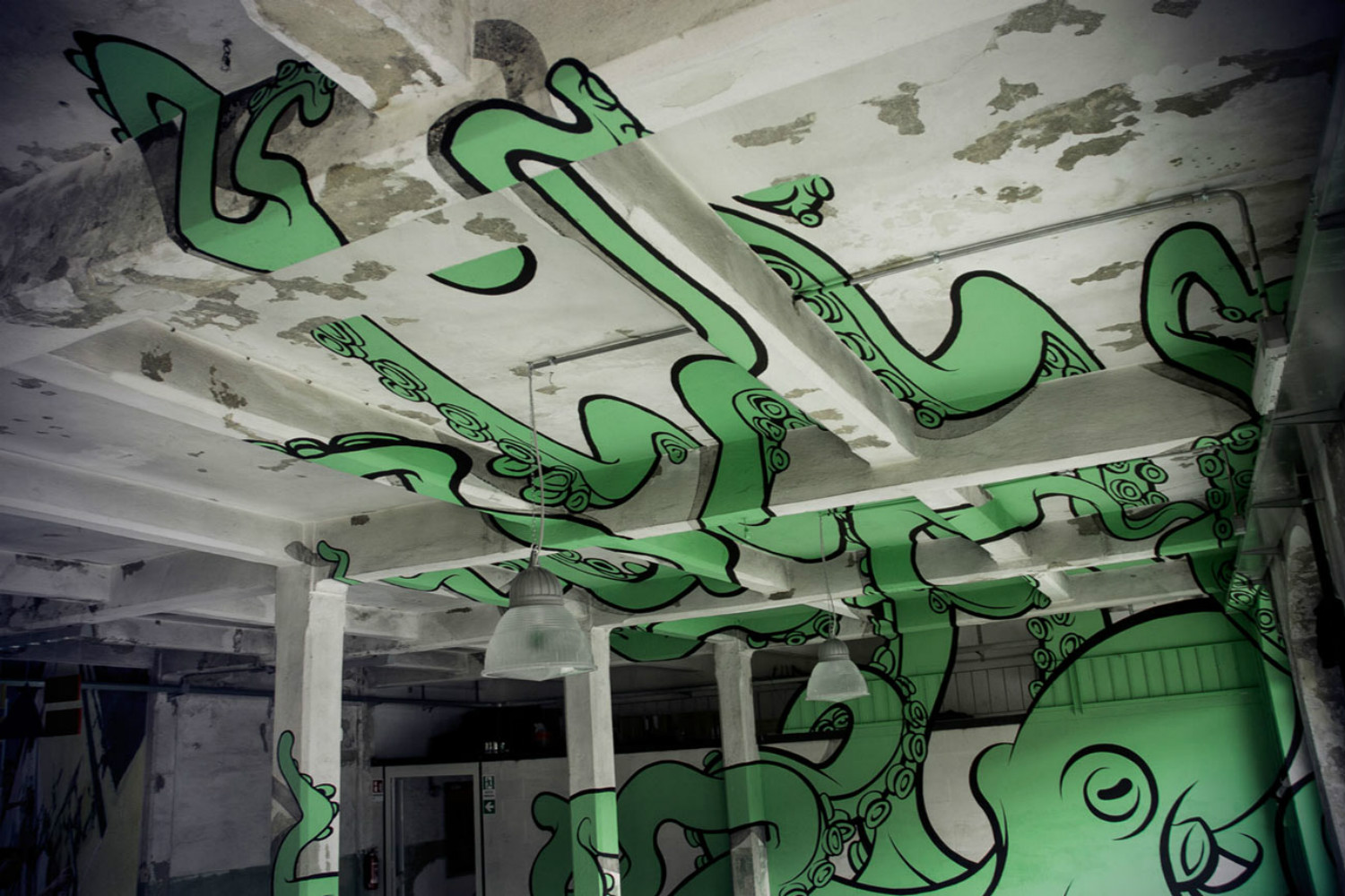 truly design anamorphic graffiti octopus green concrete space