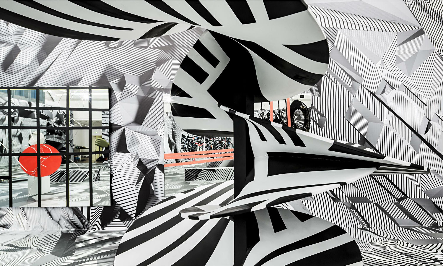 Tobias Rehberger op art black white glass installation