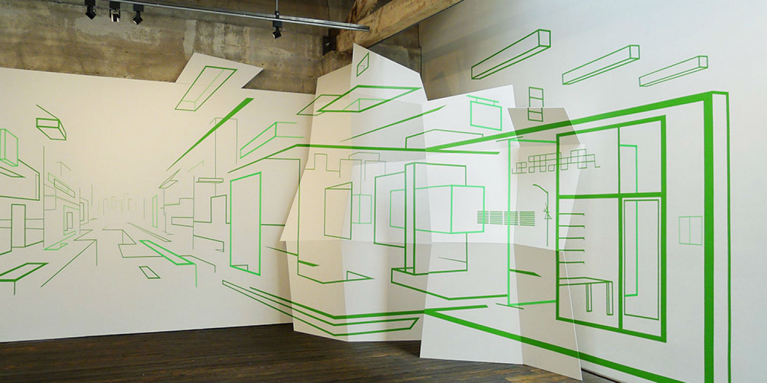 Damien Gilley optical art wall tape installation green