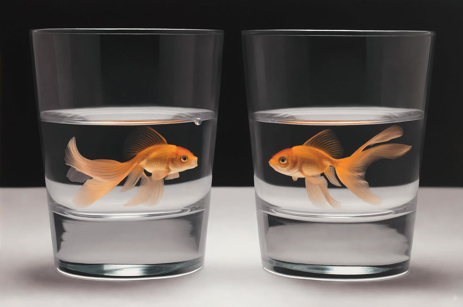 orange goldfishes in glass cups, painting by patrick kramer