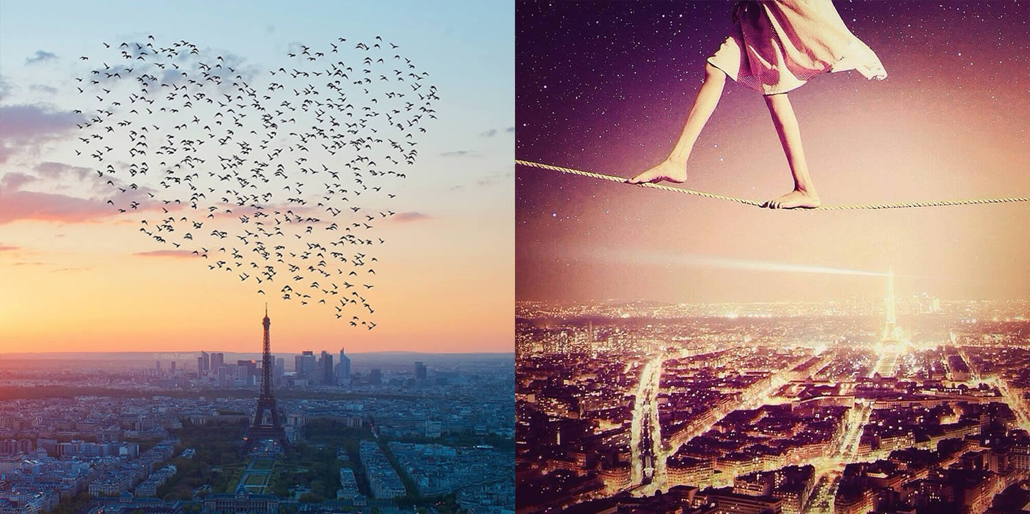 birds flying over eiffel tower (paris) forming heart, and girl walking tightrope over city, photos by nois7