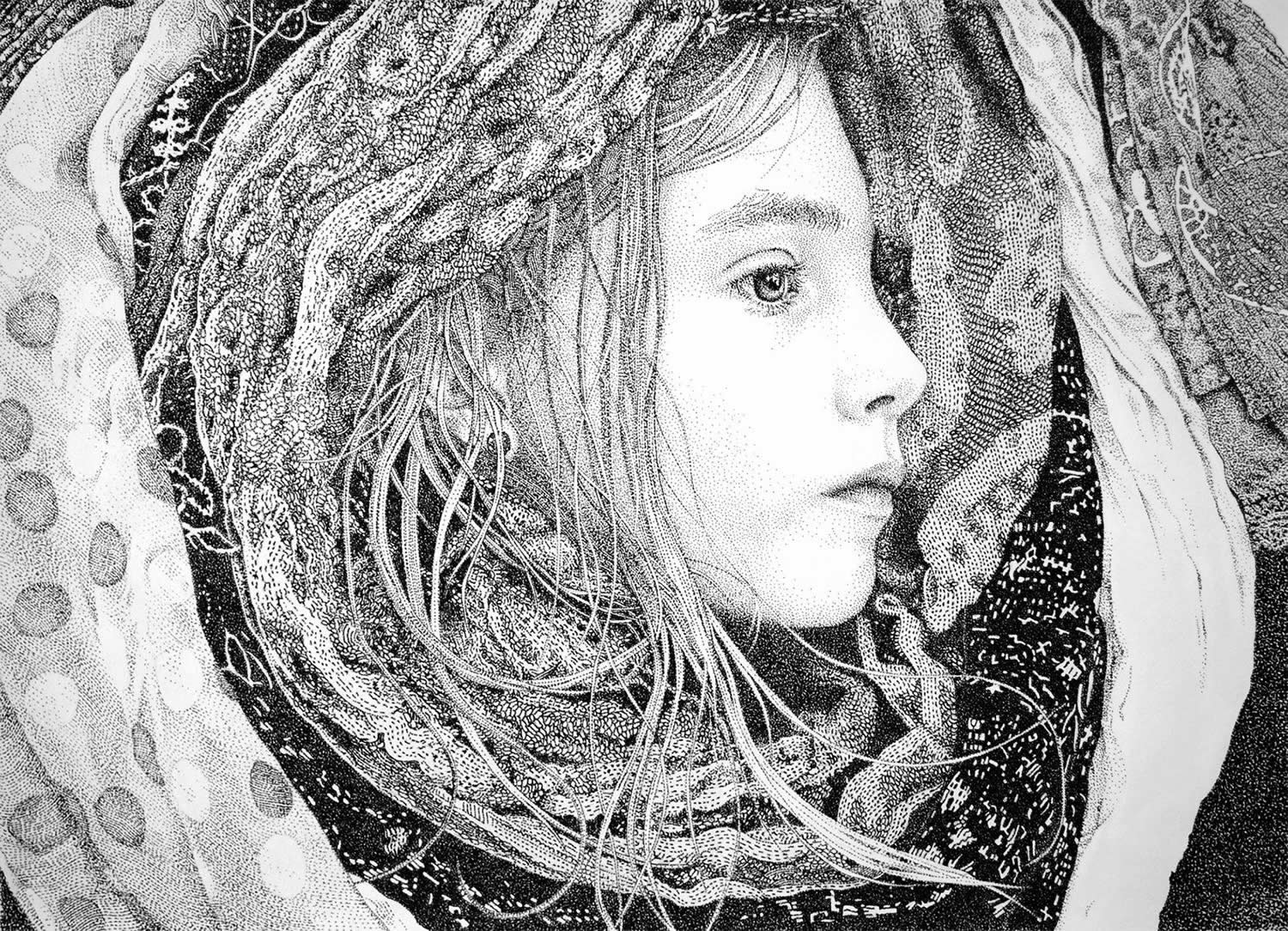 stippling art, portrait of girl, pablo jurada ruiz pointillism