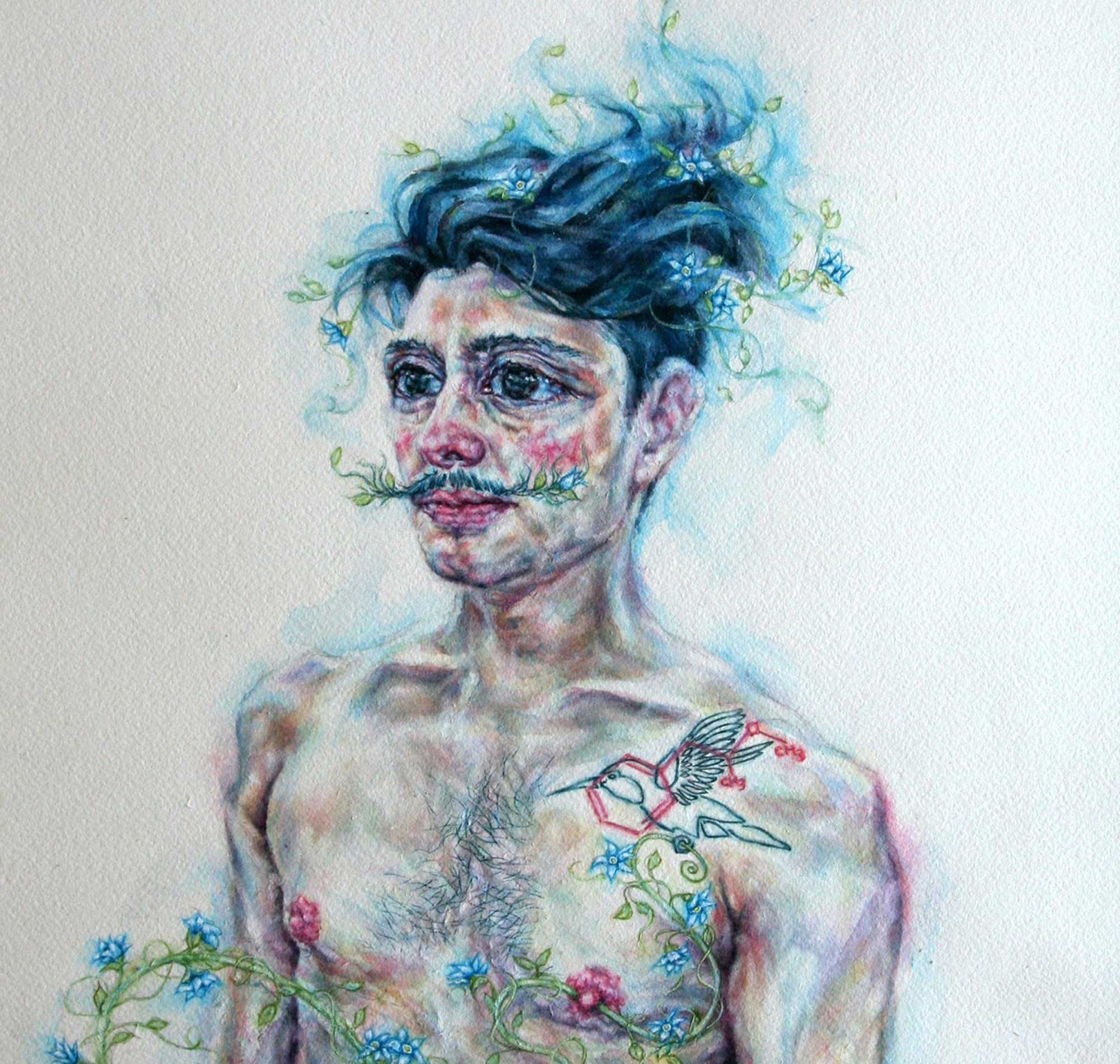 tammy salzl figurative watercolour illustration blue and black haired man