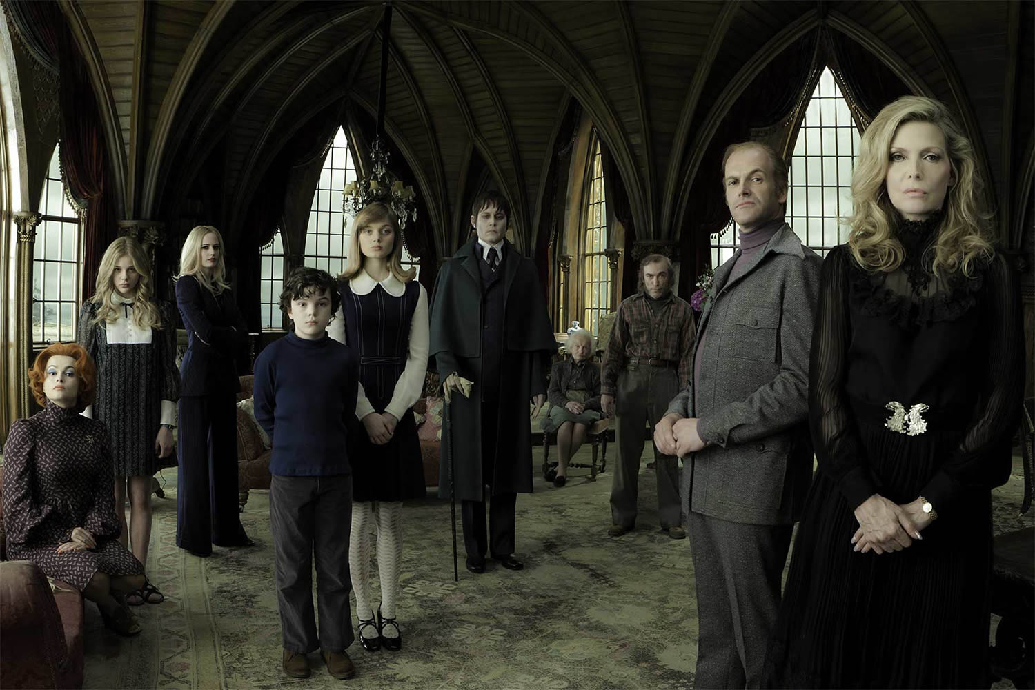 characters posing in gothic castle in dark shadows movie