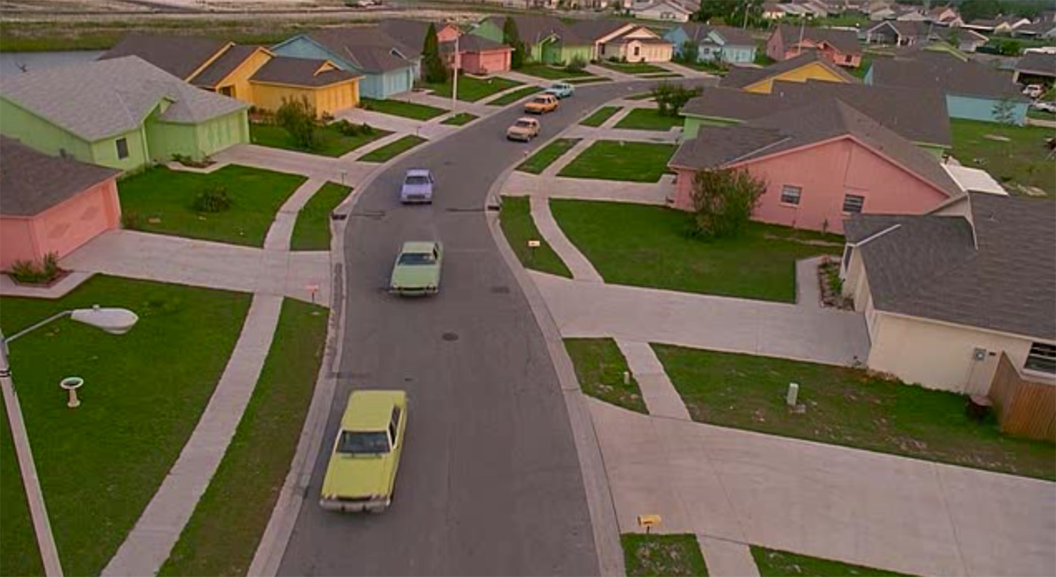 high-angle shot over houses in edward scissorhands