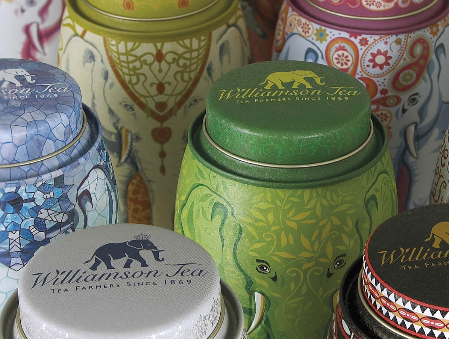 tin cans, tea, Williamson Tea Elephant Caddies Packaging by Springetts Brand Design Consultants