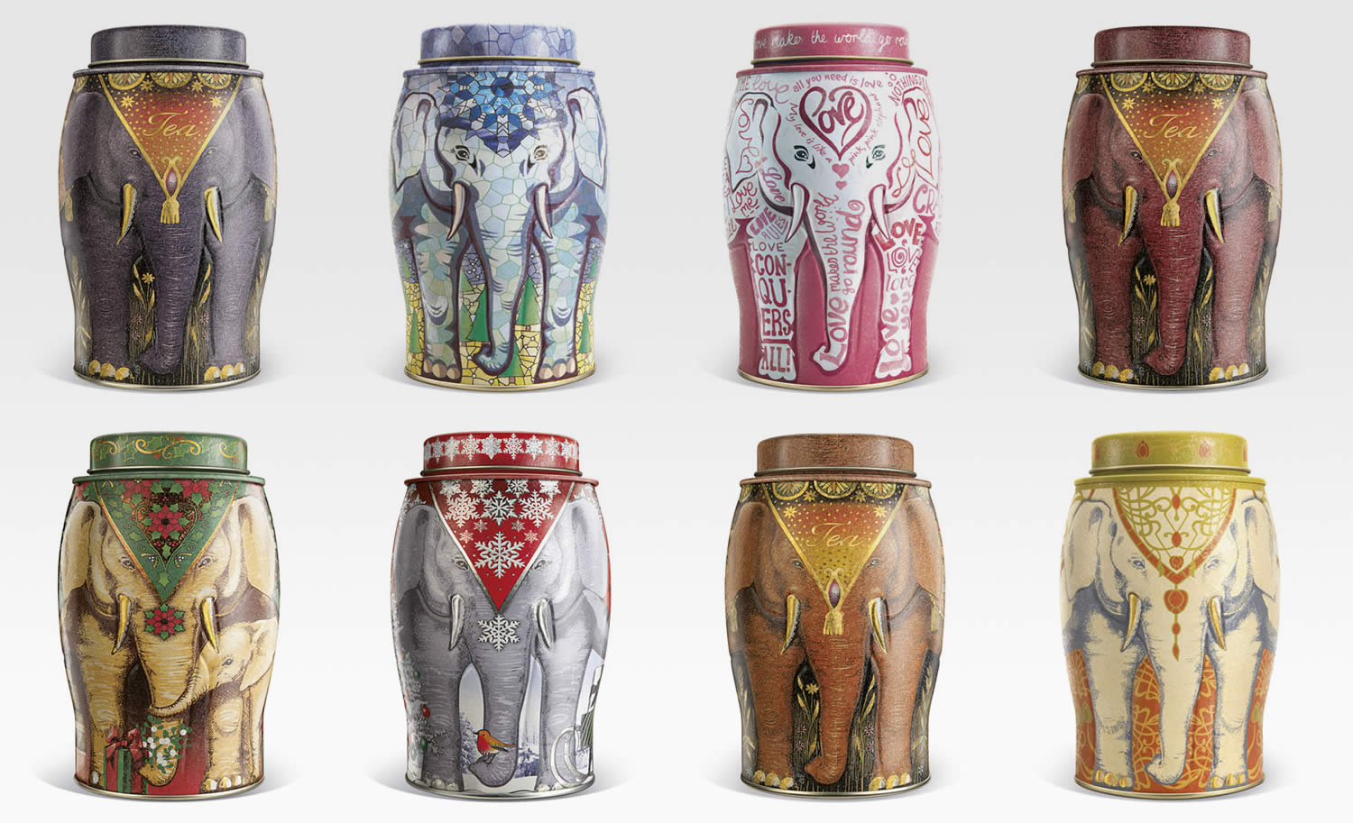 elephant on tea cans, Williamson Tea Elephant Caddies Packaging by Springetts Brand Design Consultants