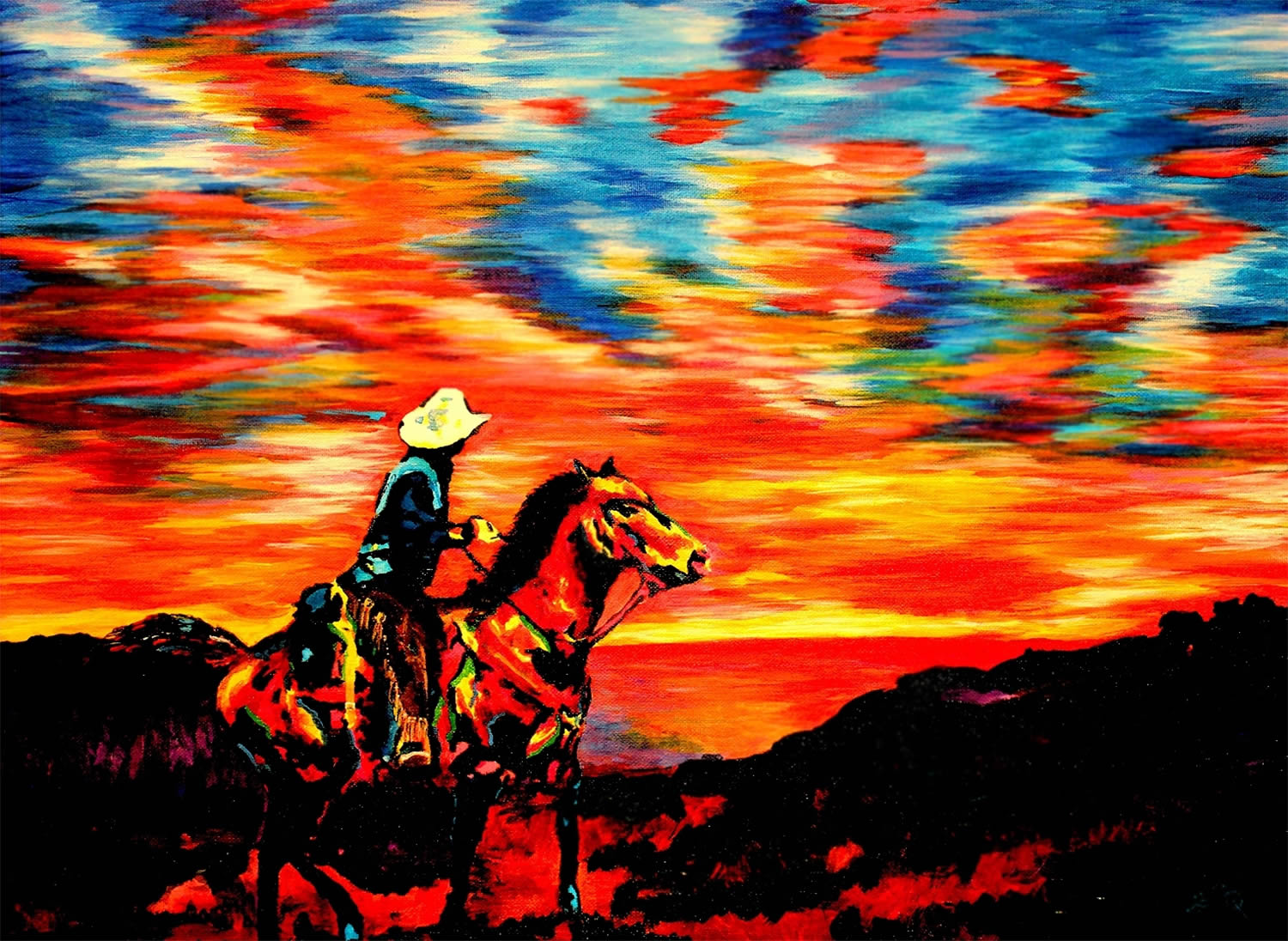 cowboy sunset colors, pittura di John Bramblitt