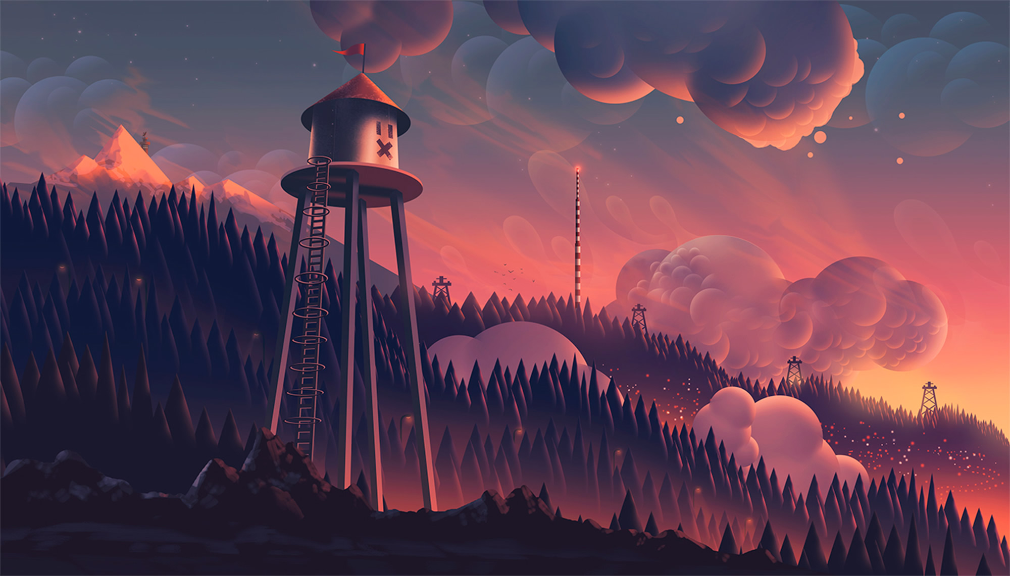 pink world with water tower, illustration