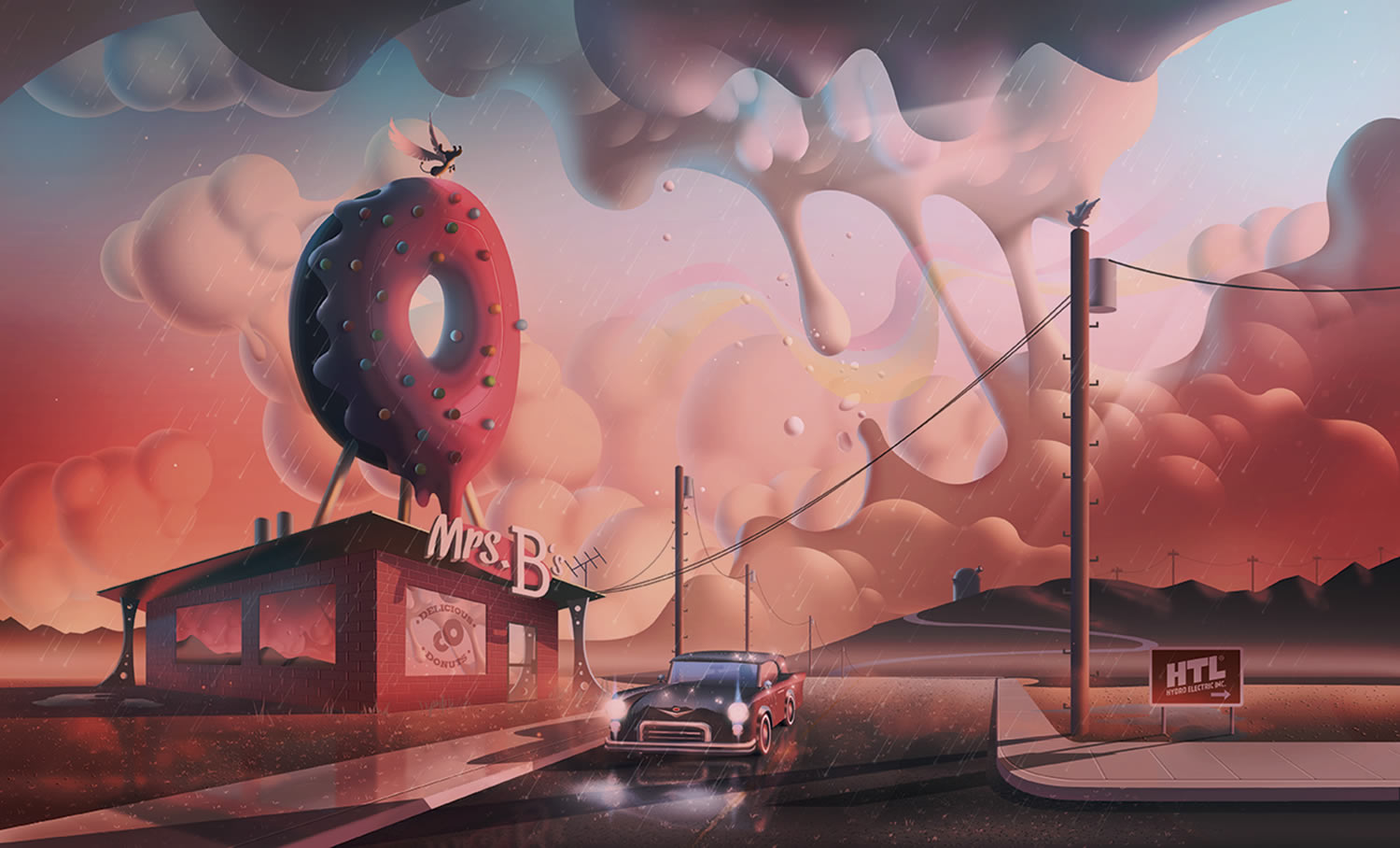 donut shop, and car, pink clouds