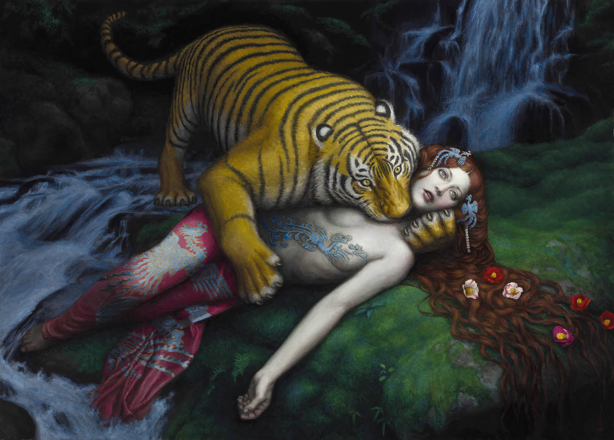 tiger biting woman's throat, paintinb by chie yoshii