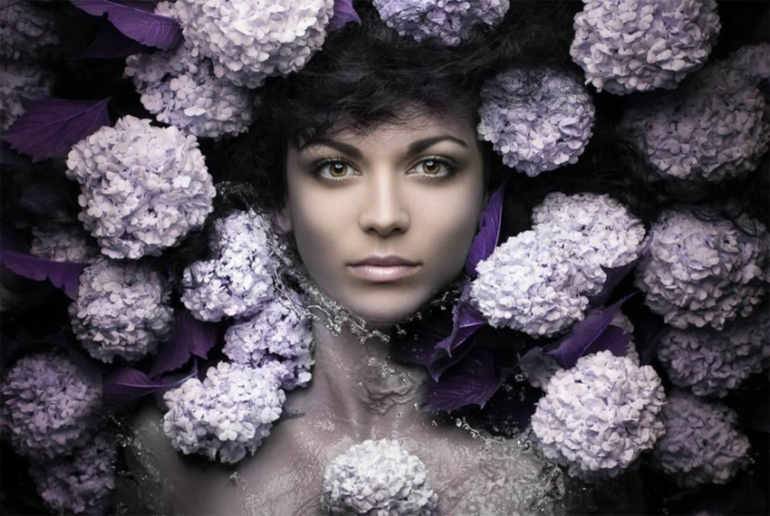 purple flowers around face, portrait by evgeni kolesnik