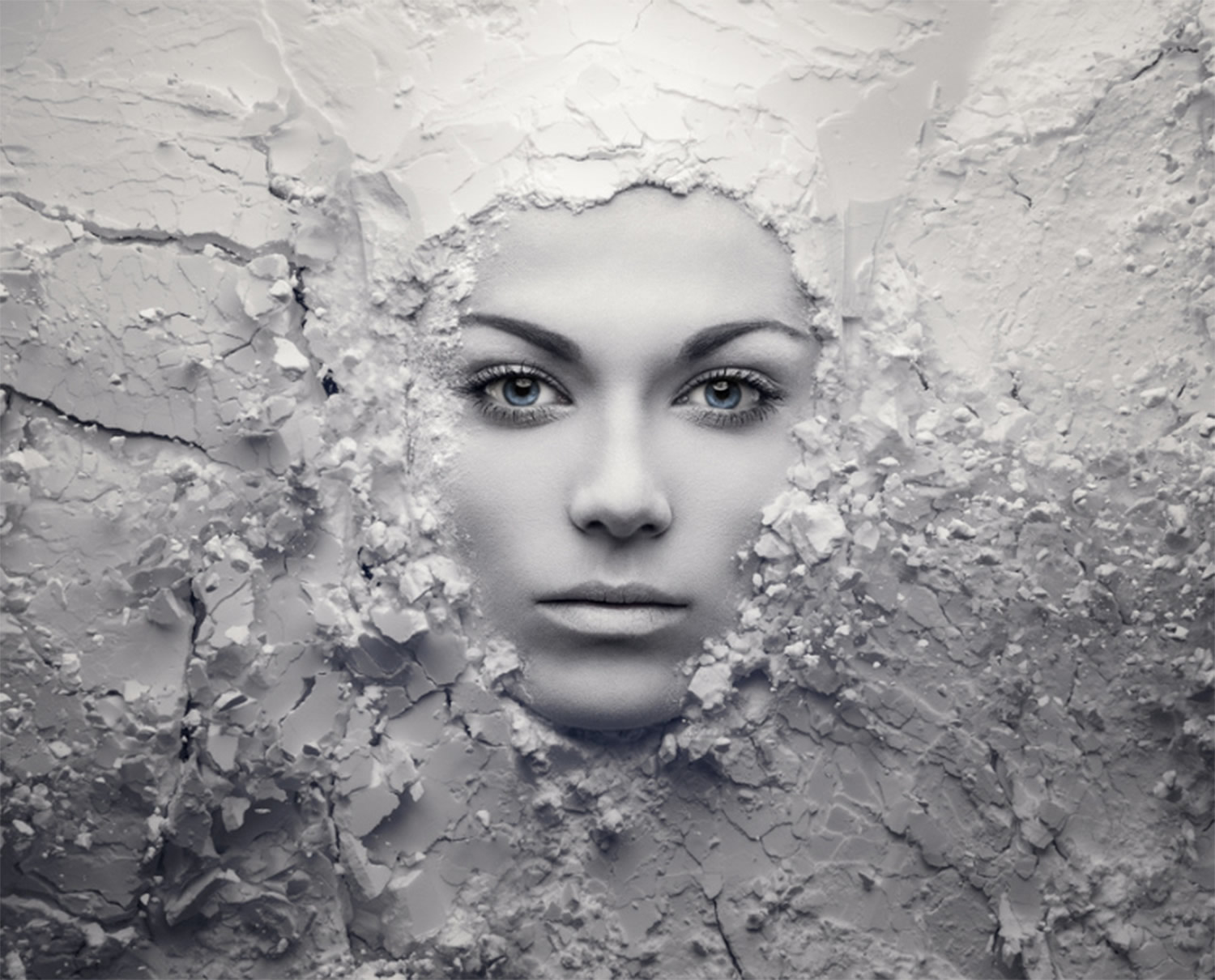 white powder on face, photography by evgeni kolesnik