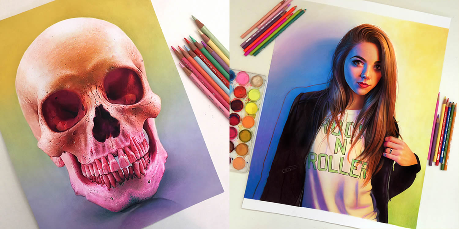 human skull and modern girl drawings