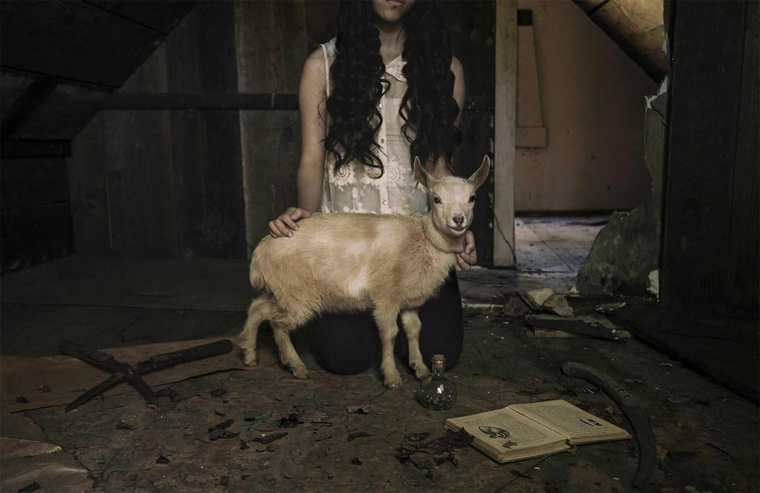 girl with baby goat, dark art, brendon burton
