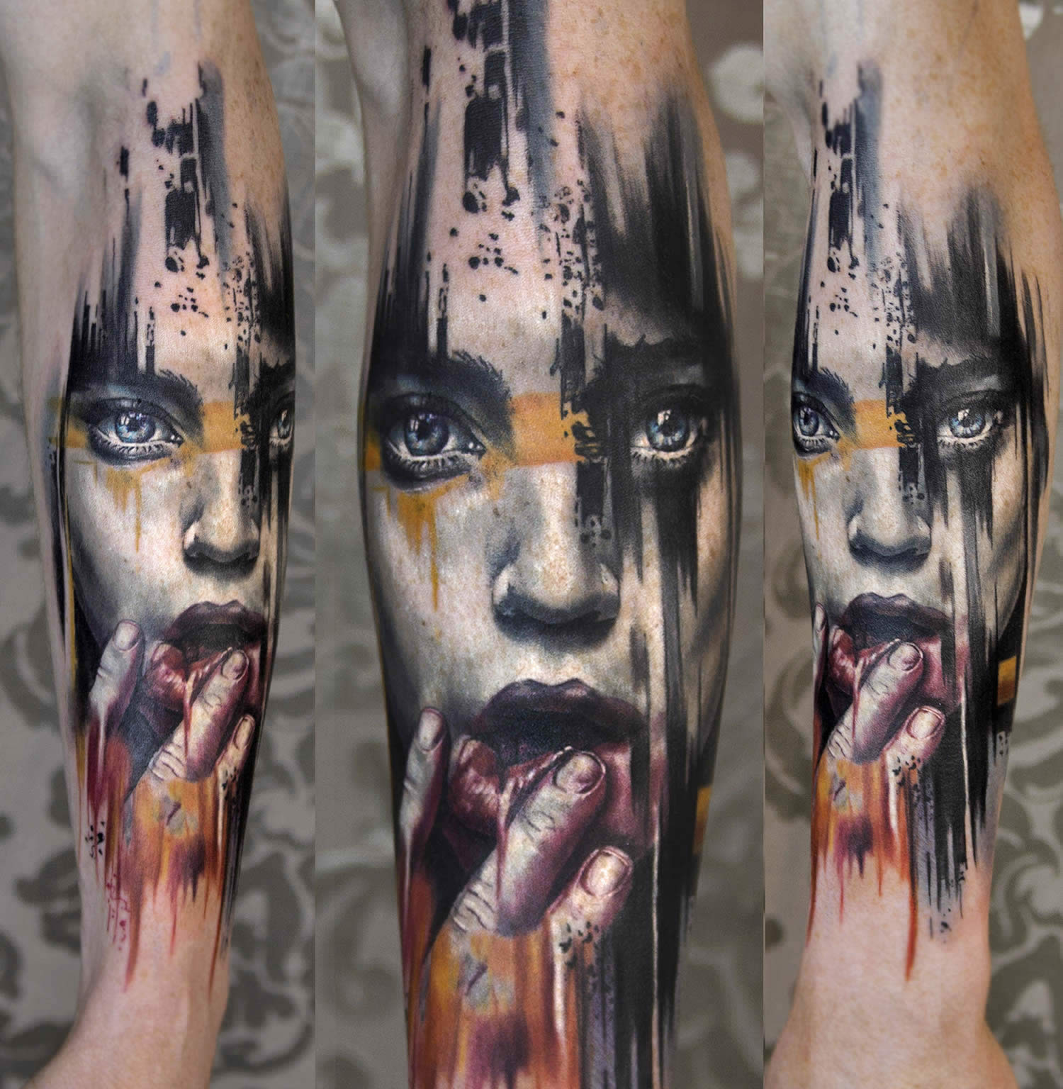 weird woman portrait with bloody hands, tattoo