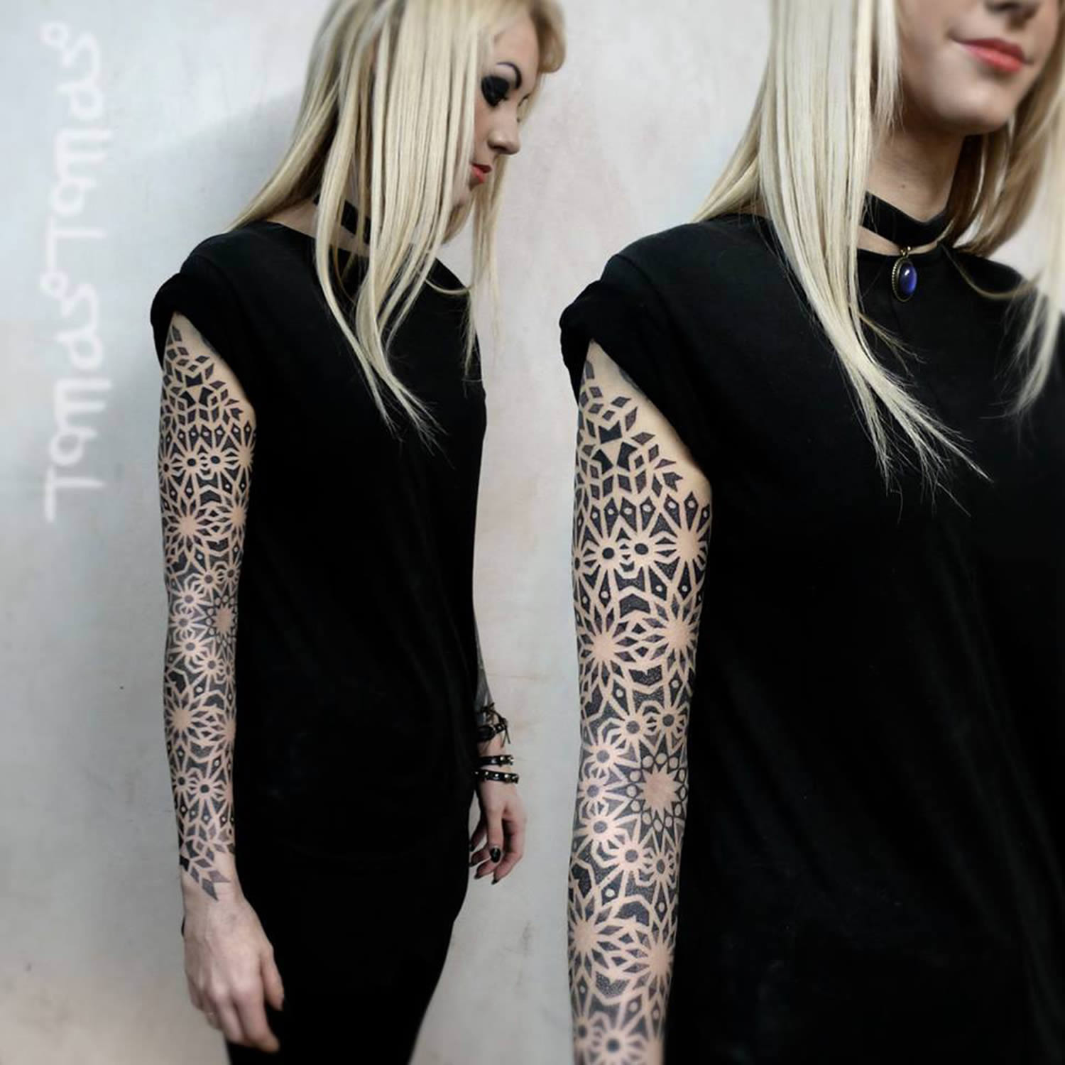 blonde girl with black tattoo on arm