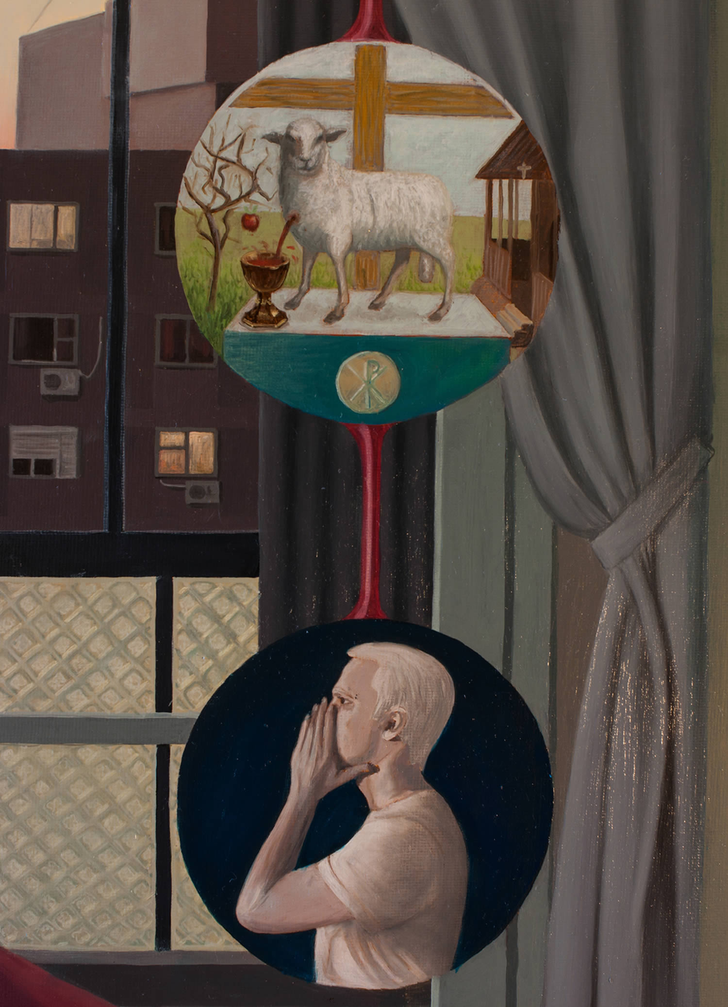 closeup of painting, circles, lamb