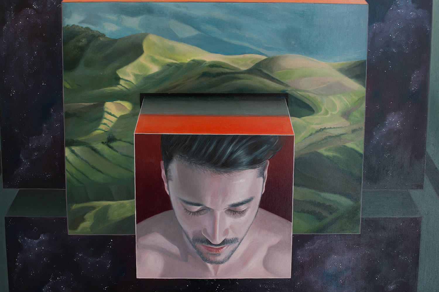 cube and head, painting by victor fota