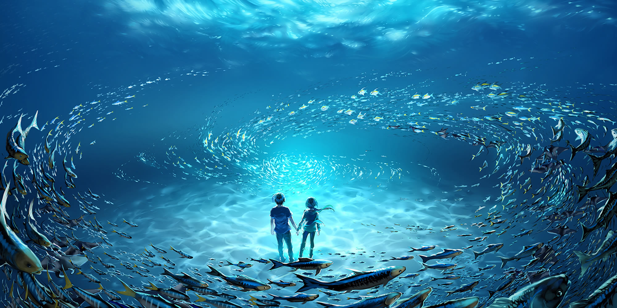 underwater, kids looking at fish, by yuumei