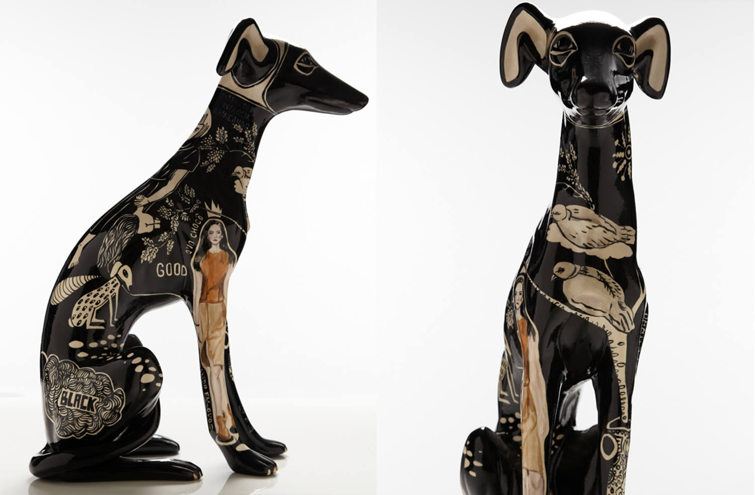 seated greyhound, front and side views