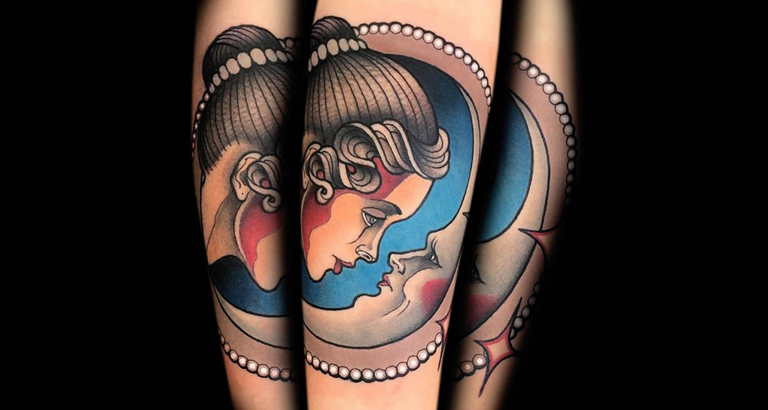 girl face and moon tattoo