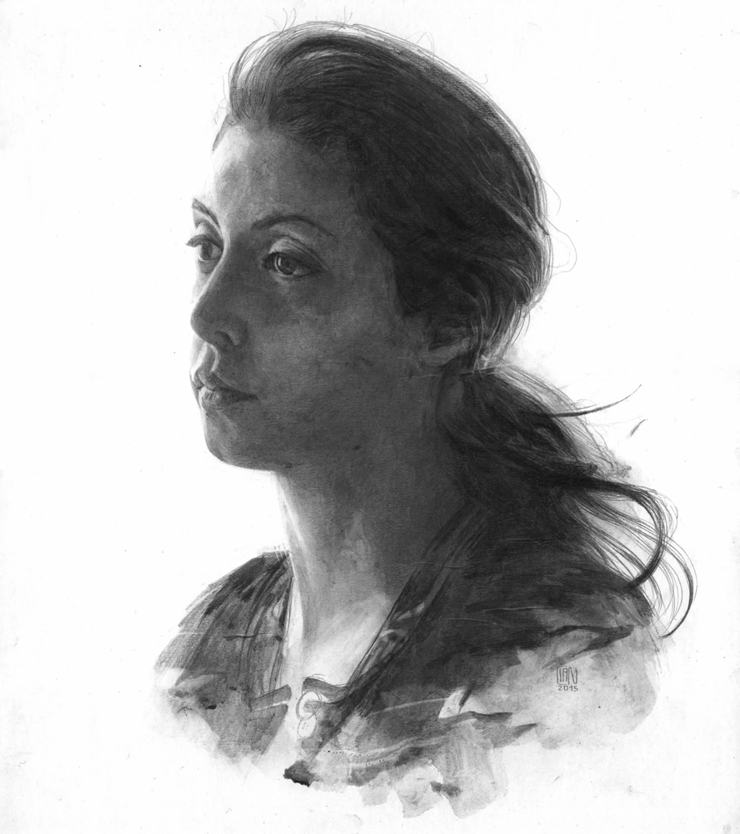 woman with ponytail, black and white drawing