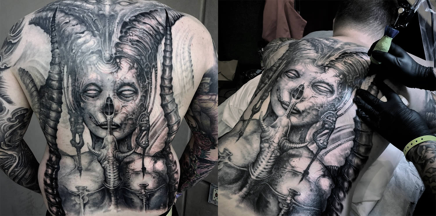 hr giger inspired tattoo by jeremiah barba