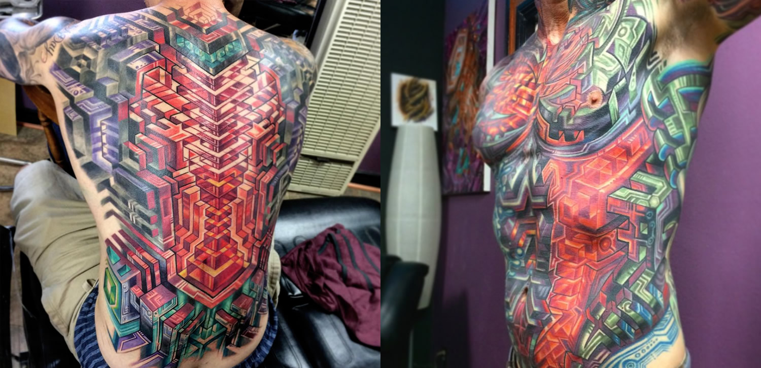 neon biomechanical tattoos by mike cole