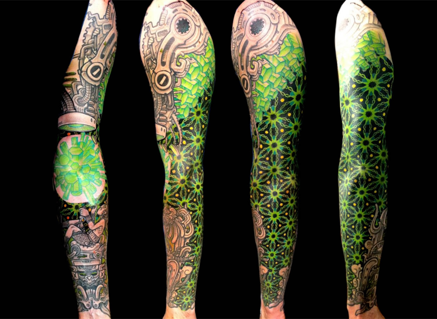 biomechanical tattoos, neon green sleeve, by DELAINE ‘NEO’ GILMA