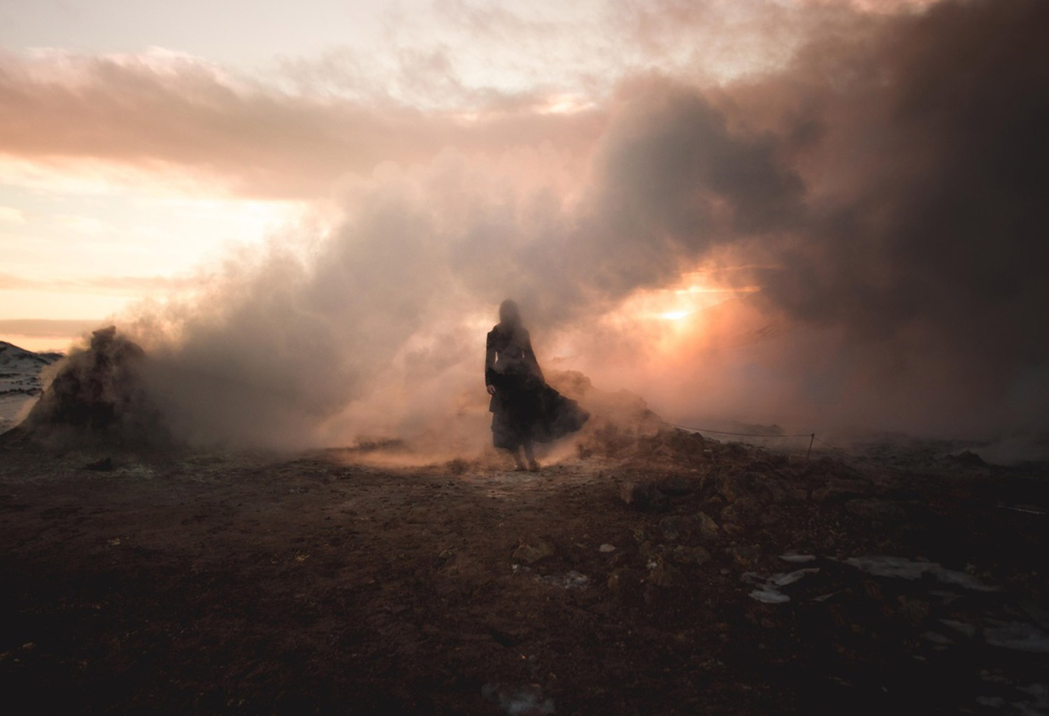 Amy Haselhurst, Broken Sundowns, woman in fiery fog, destruction