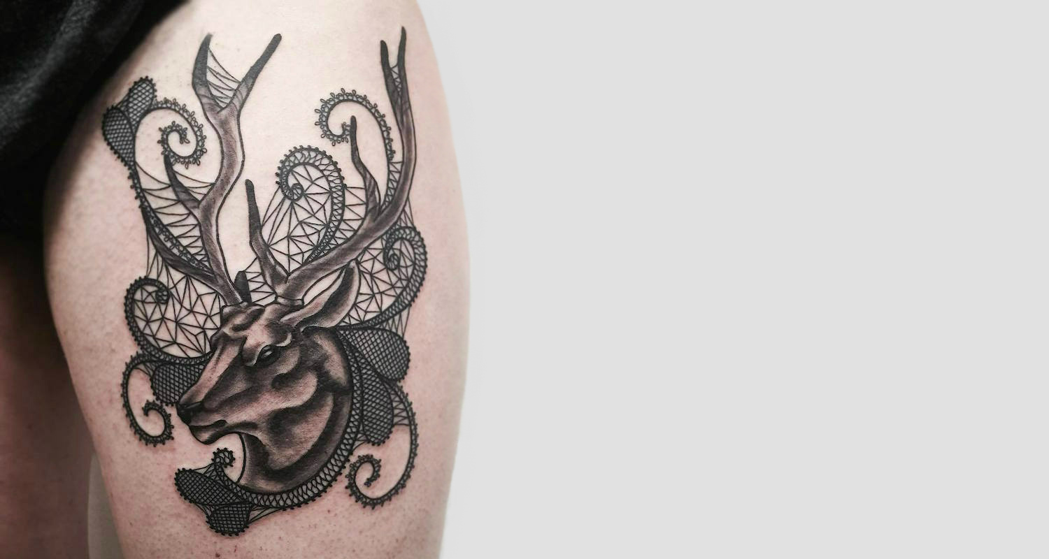 deer head lace tattoo by falukorv