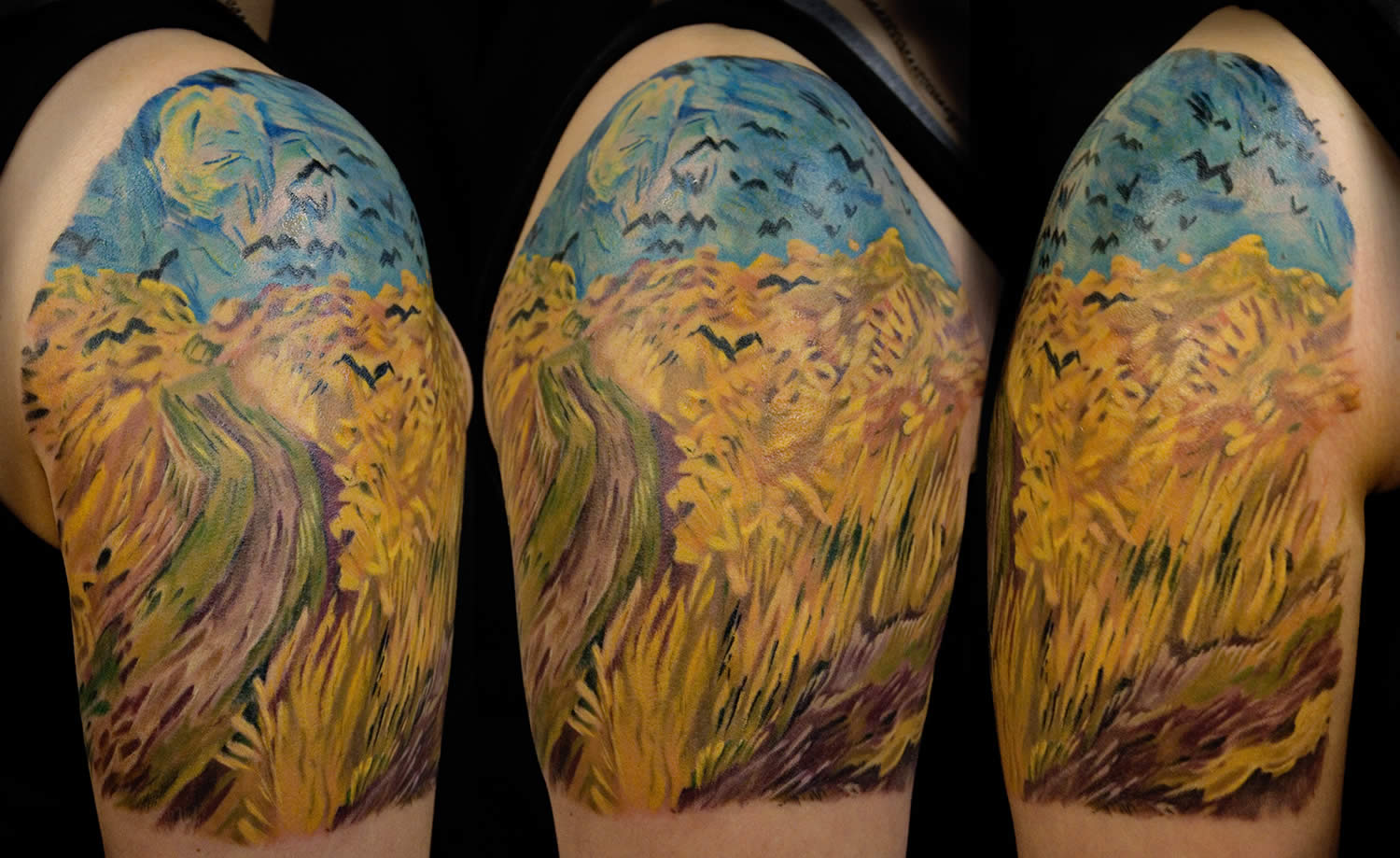 wheatfield tattoo sleeve by chris walkin. based on a van gogh painting 