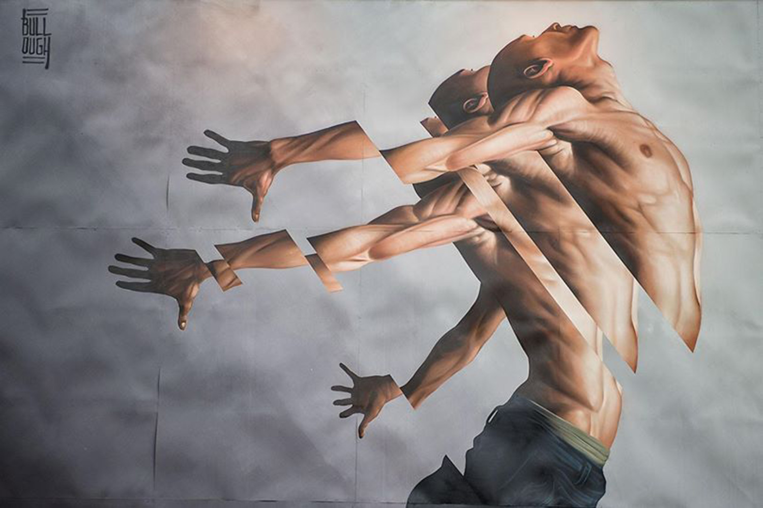 segmented mural of a man by james bullough