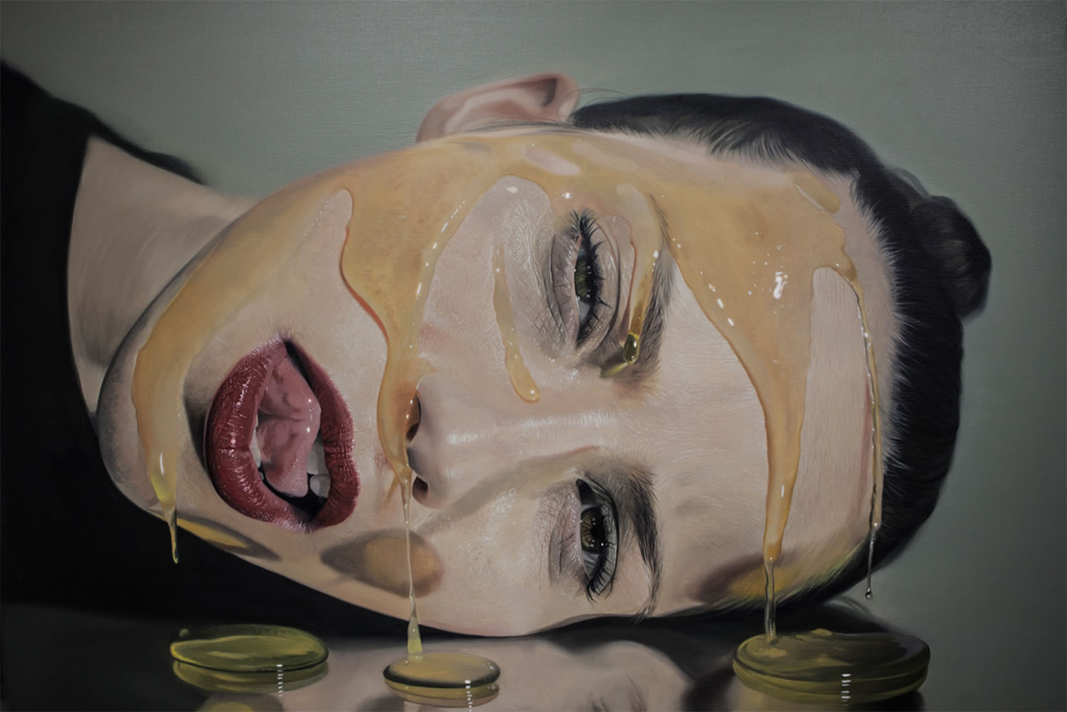 Sirup, painting series by mike dargas. Woman's head on the table