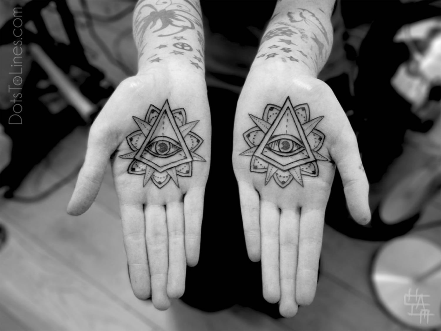 eye of providence on hand palms, by chaim machlev, dotstolines