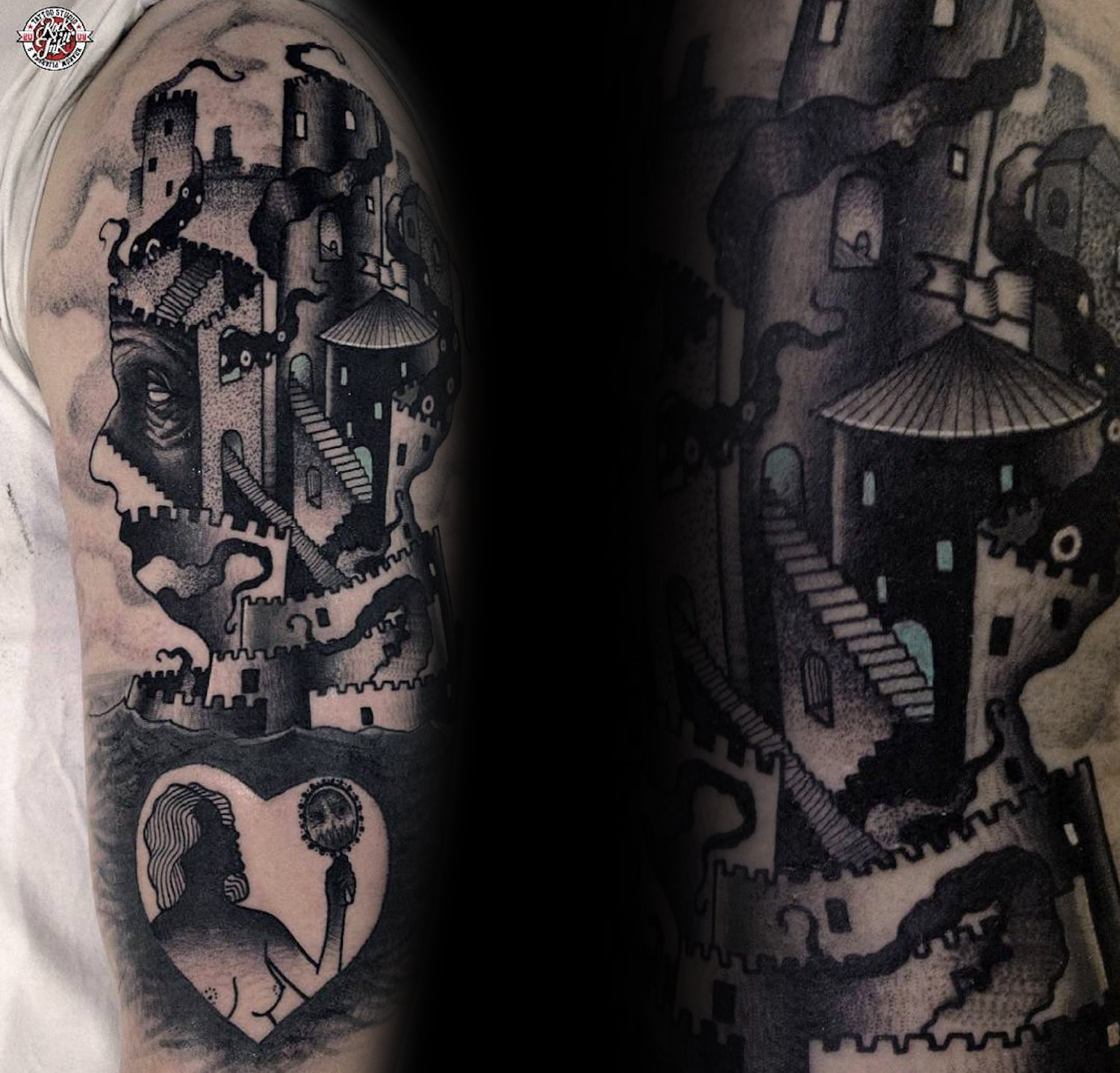 Tattoo that shows a complex staircase inside of a portrait, mc escher style