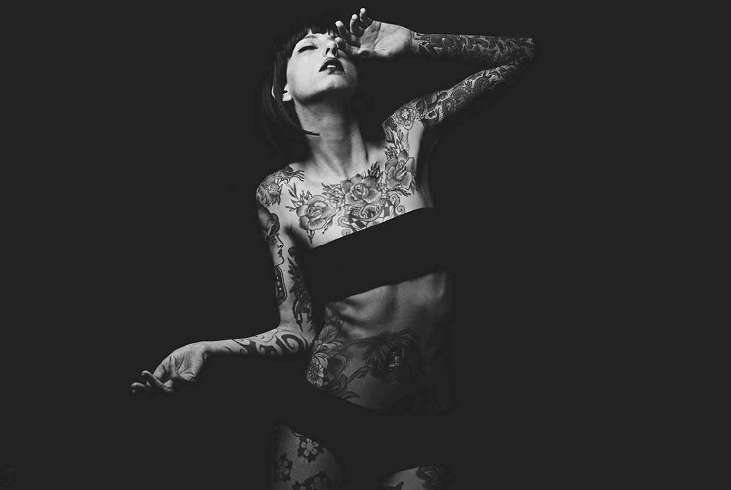 tattooed woman, black and white photo