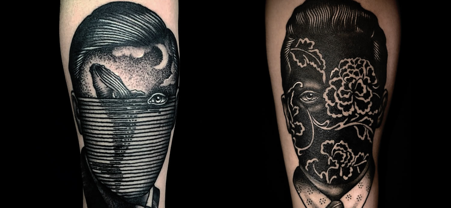 patterned face portrait and sea overlay on face tattoos