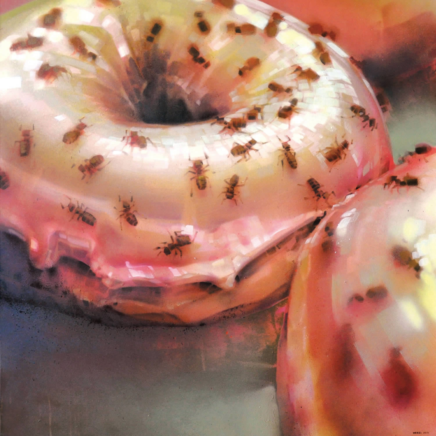 closeup of donuts with ants, graffiti