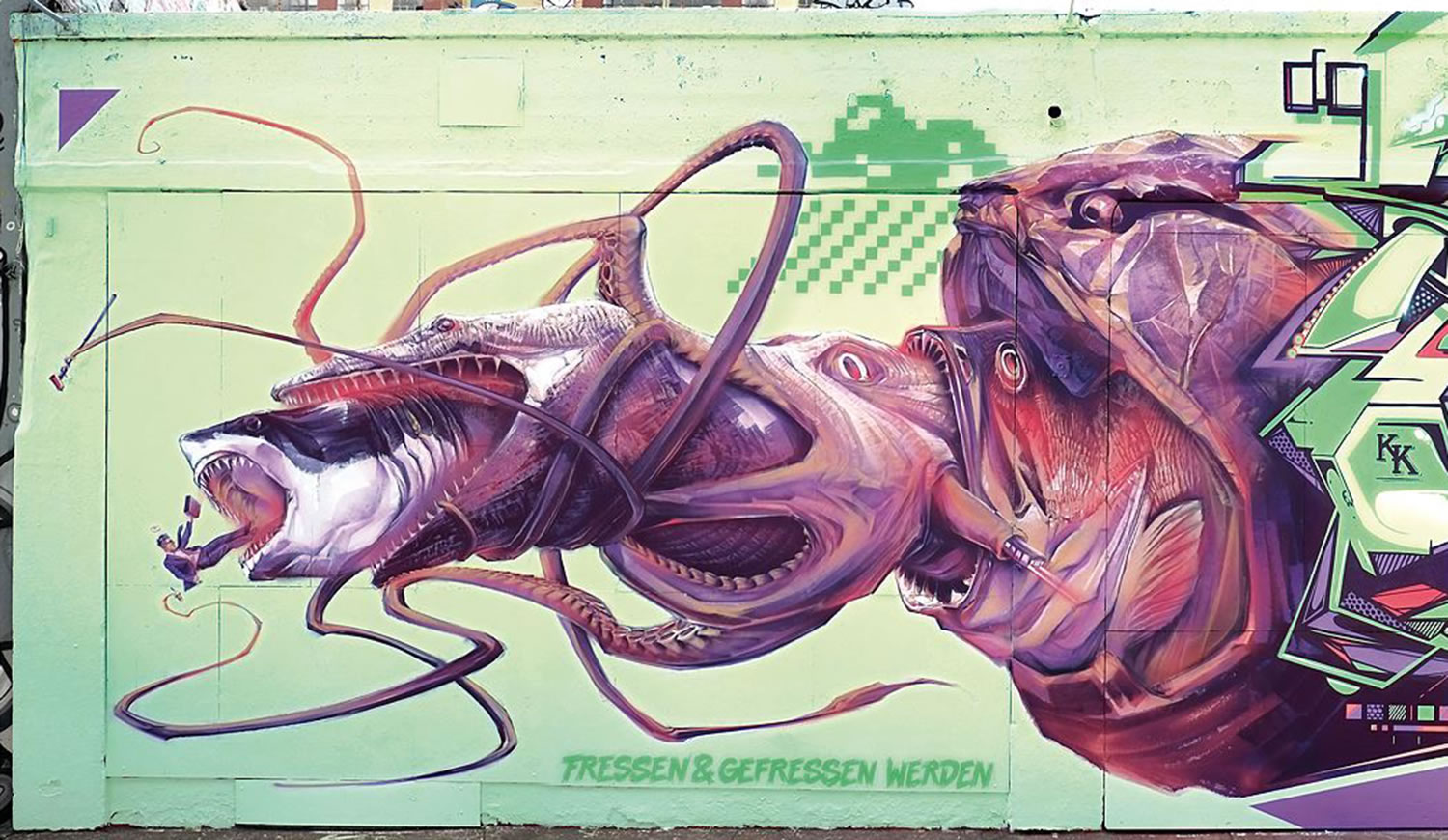 octopus eats shark. food chain, graffiti