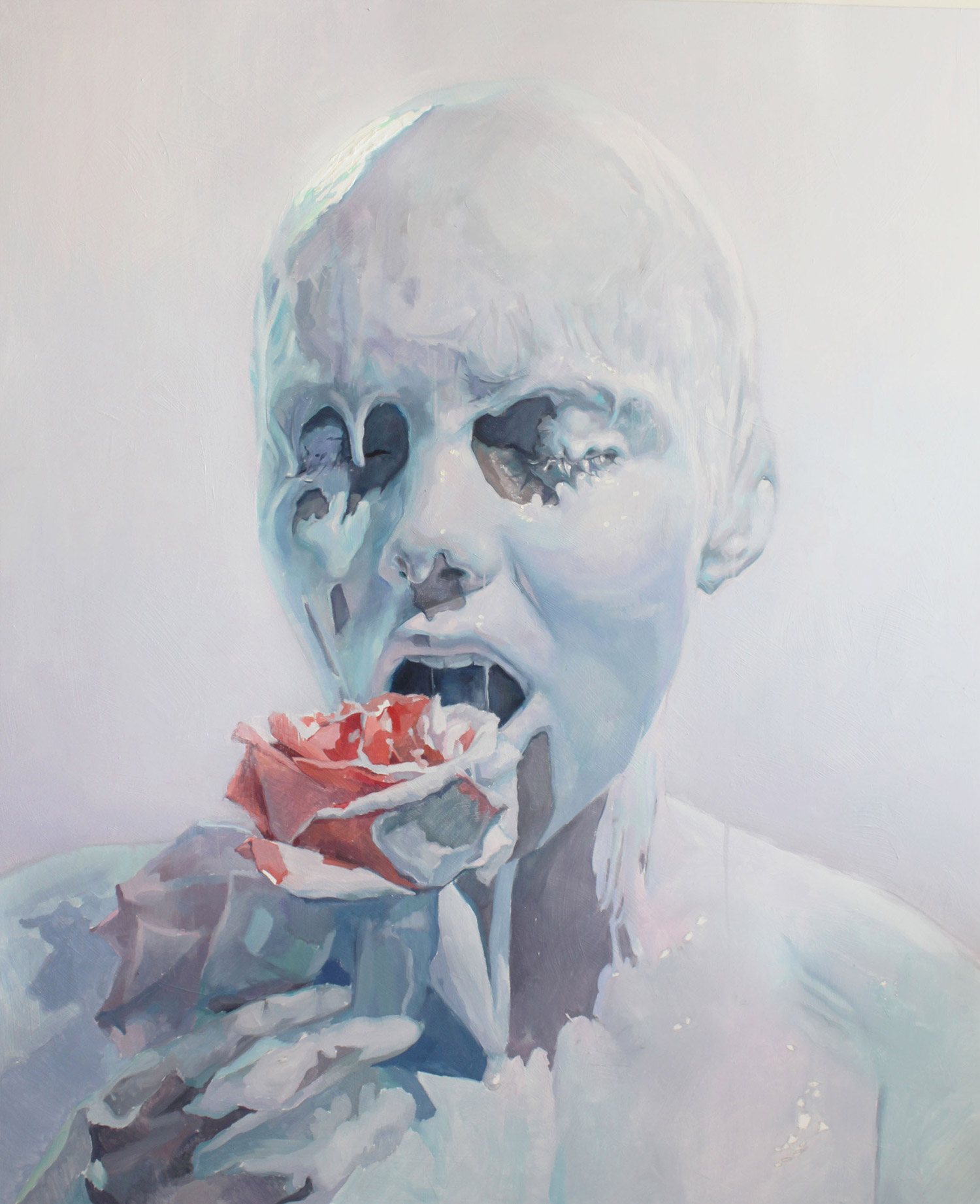 Ivan Alifan, Not Milk, figure covered in milky substance holding a rose