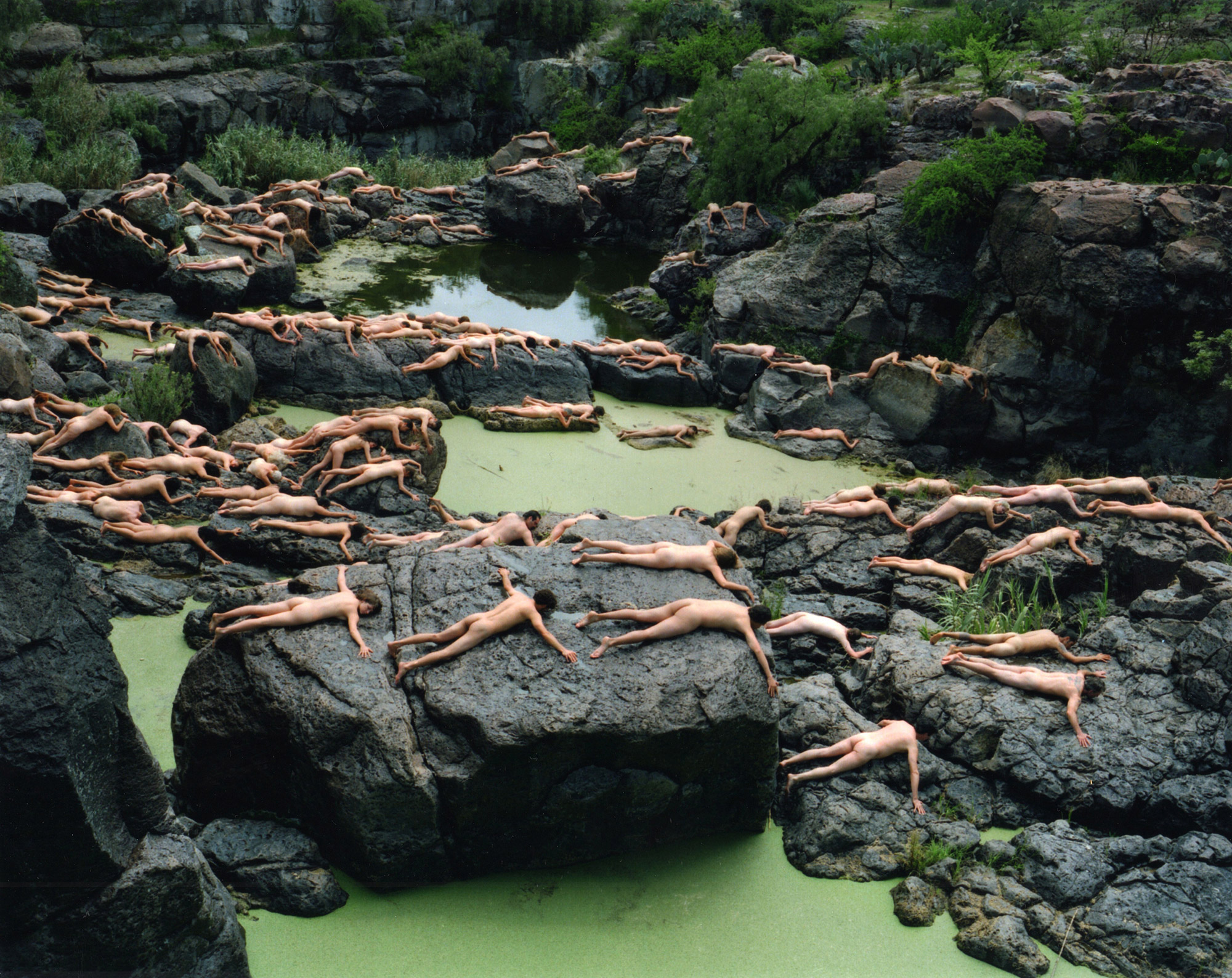 Spencer Tunick, nube body installation in forest river valley